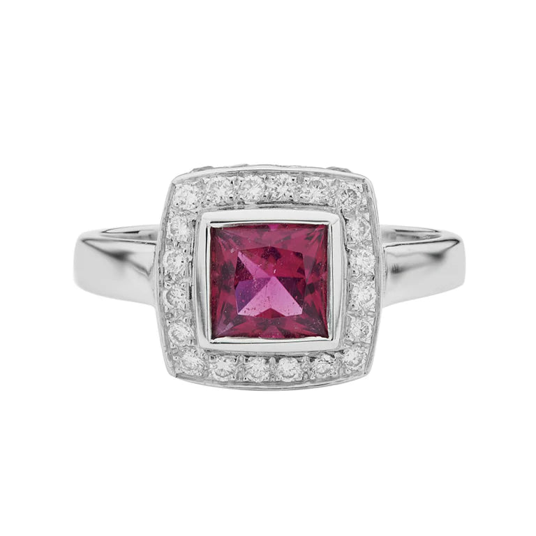 18ct white gold ring with princess cut rubellite, diamond border and blue sapphire accents by Deakin & Francis at EB London