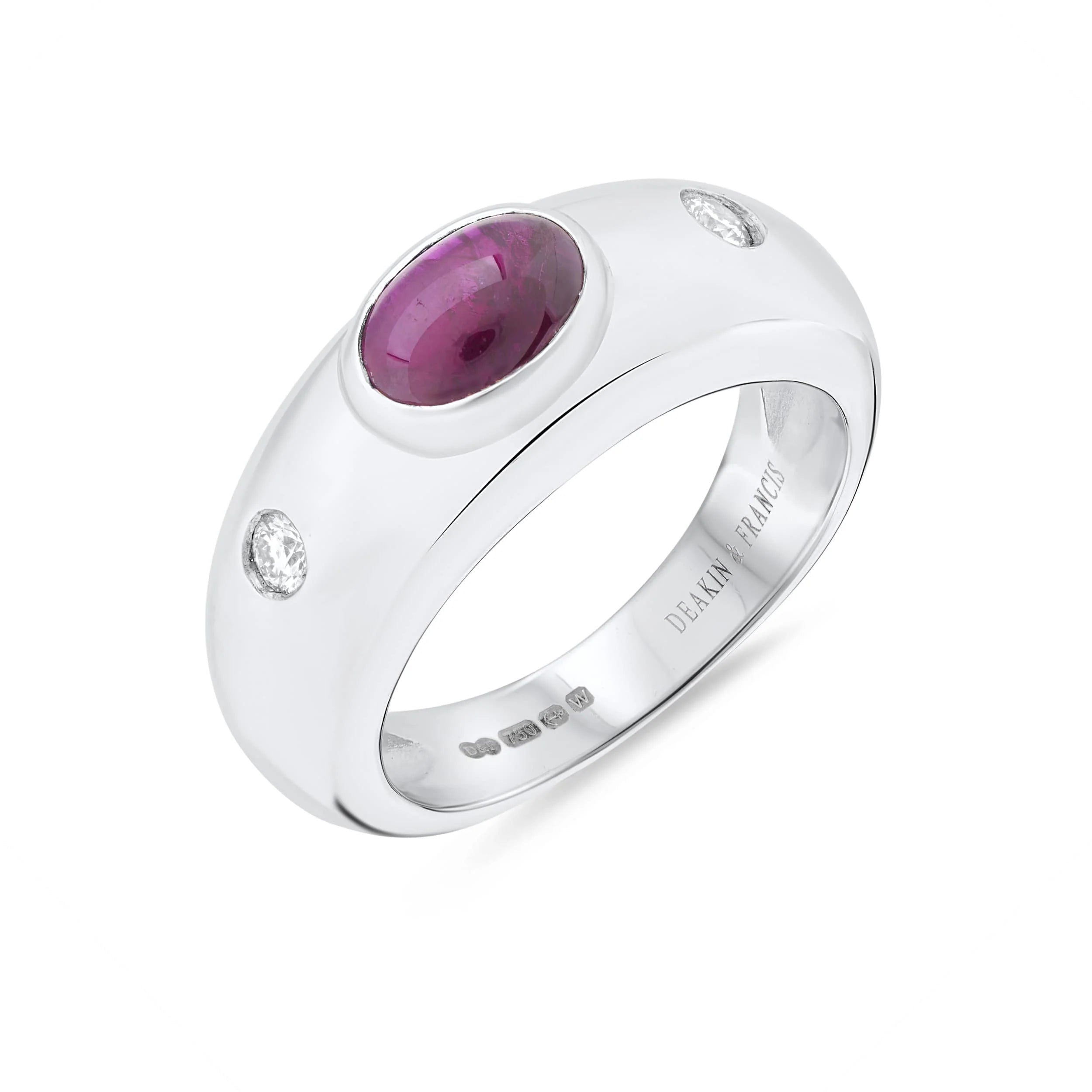 white gold ring with oval ruby centre and brilliant cut diamond shoulders by Deakin & Francis at EB London