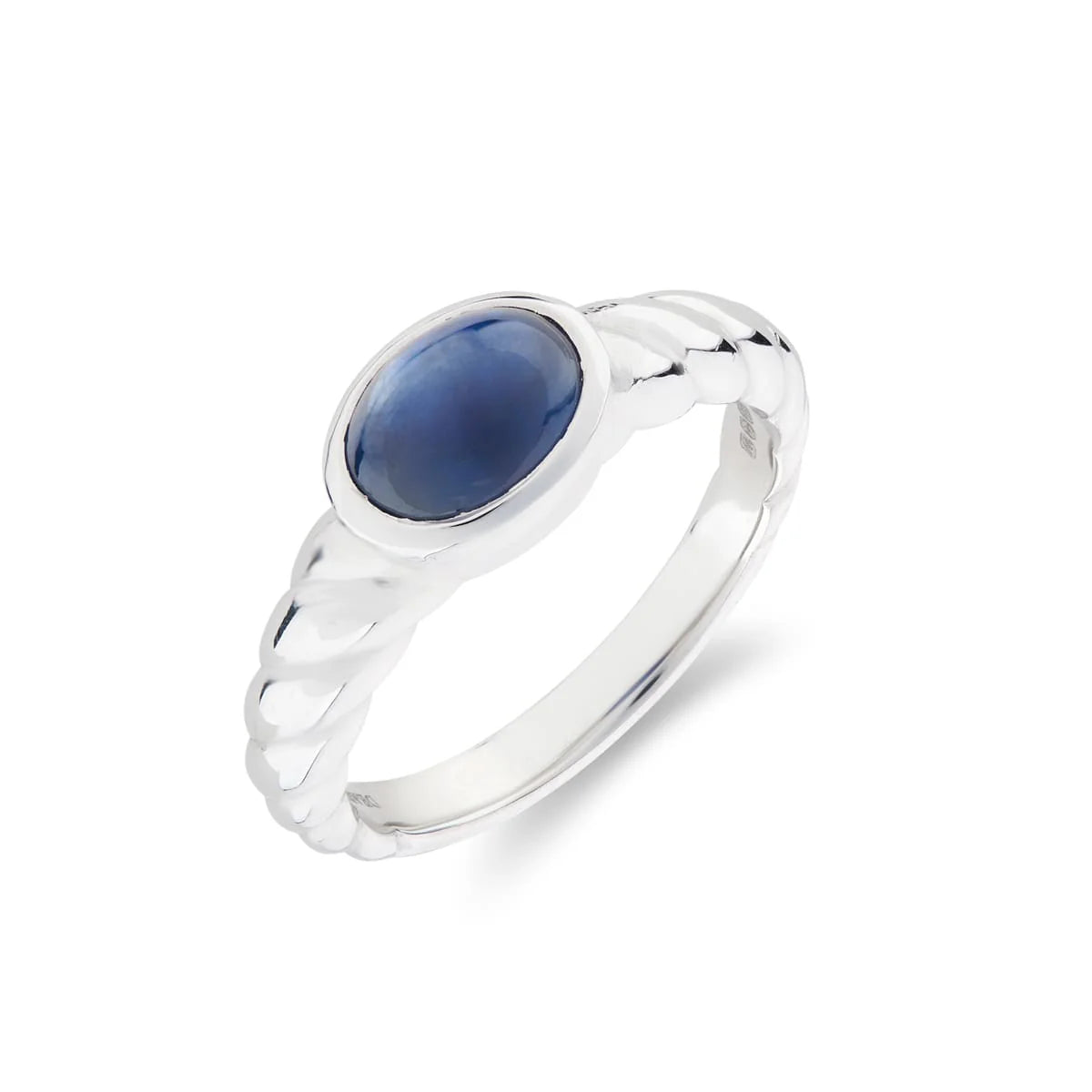 white gold ring with cabochon sapphire and twist detail shoulders by Deakin & Francis at EB London