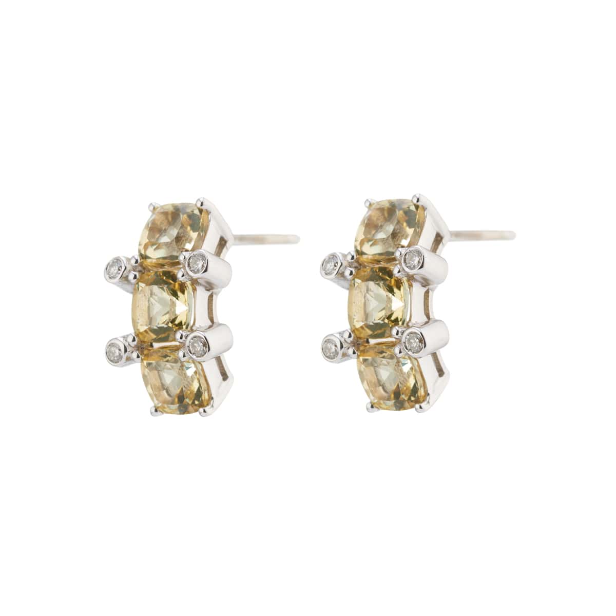 white gold half hoop earrings with three cushion shape yellow beryl gemstones and diamond accents by Deakin & Francis at EB London