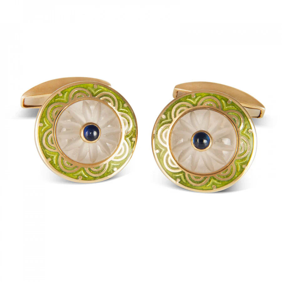 18ct Yellow Gold Lime Green & Sapphire Cufflinks - Deakin & Francis - EB London