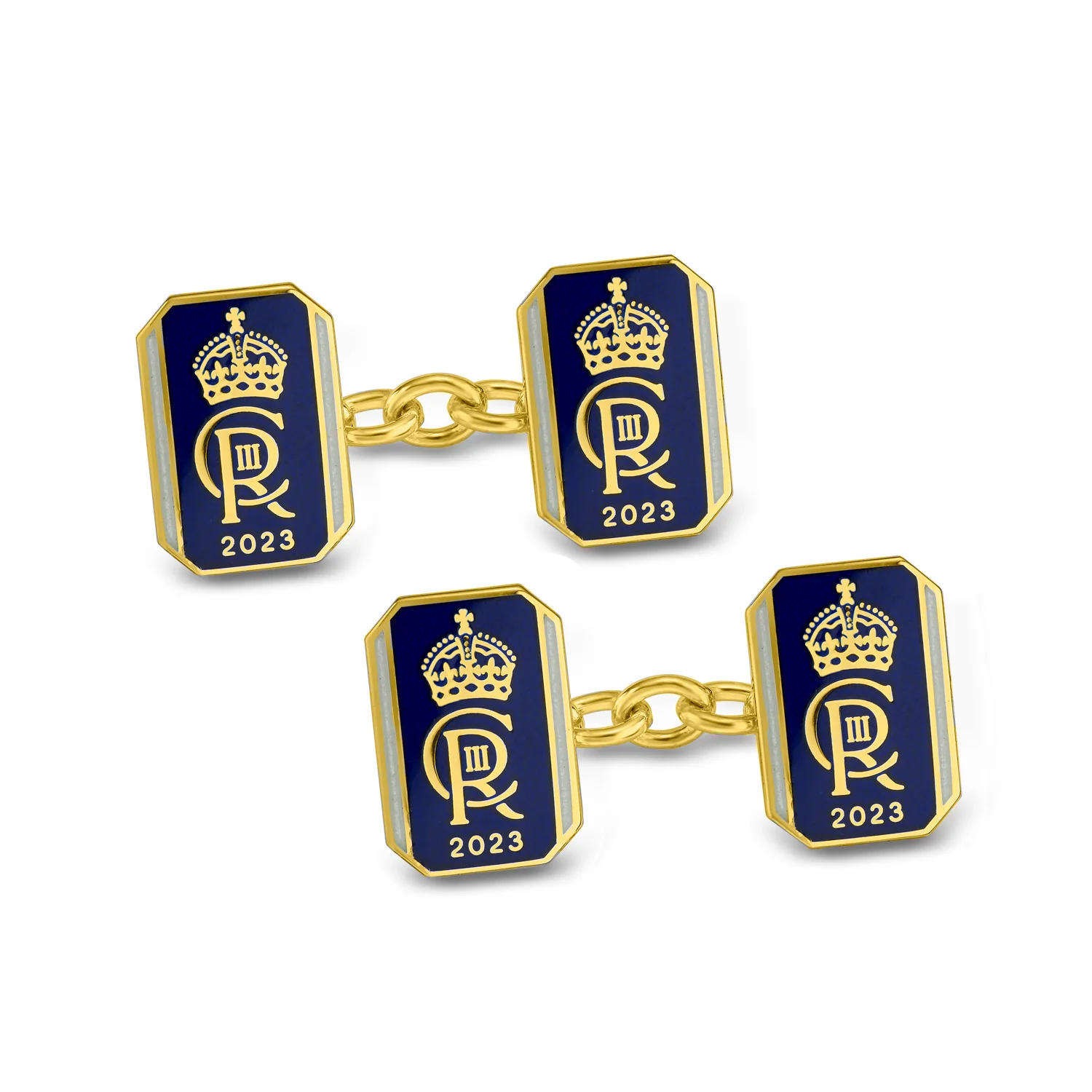 18ct Yellow Gold Oblong Chain Link Coronation Cufflinks Blue - Deakin & Francis - EB London