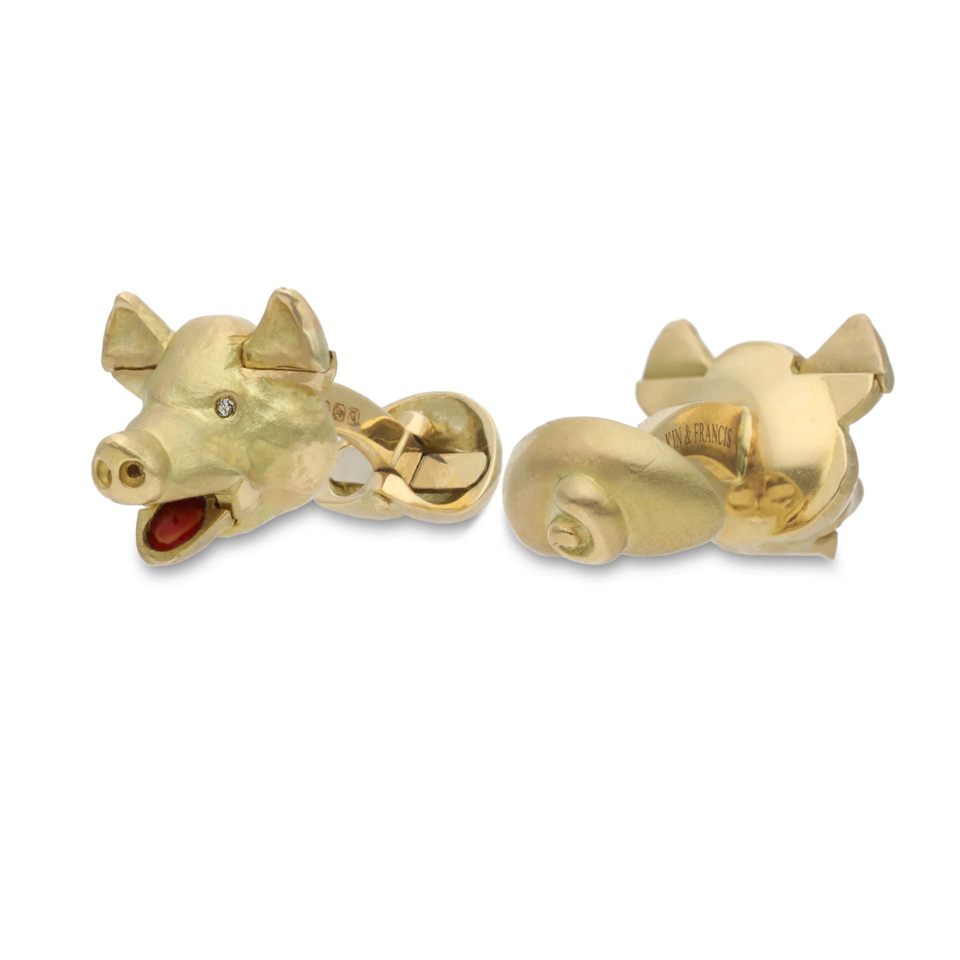 18ct Yellow Gold Animated Pig Cufflinks with Diamond Eyes - Deakin & Francis - EB London