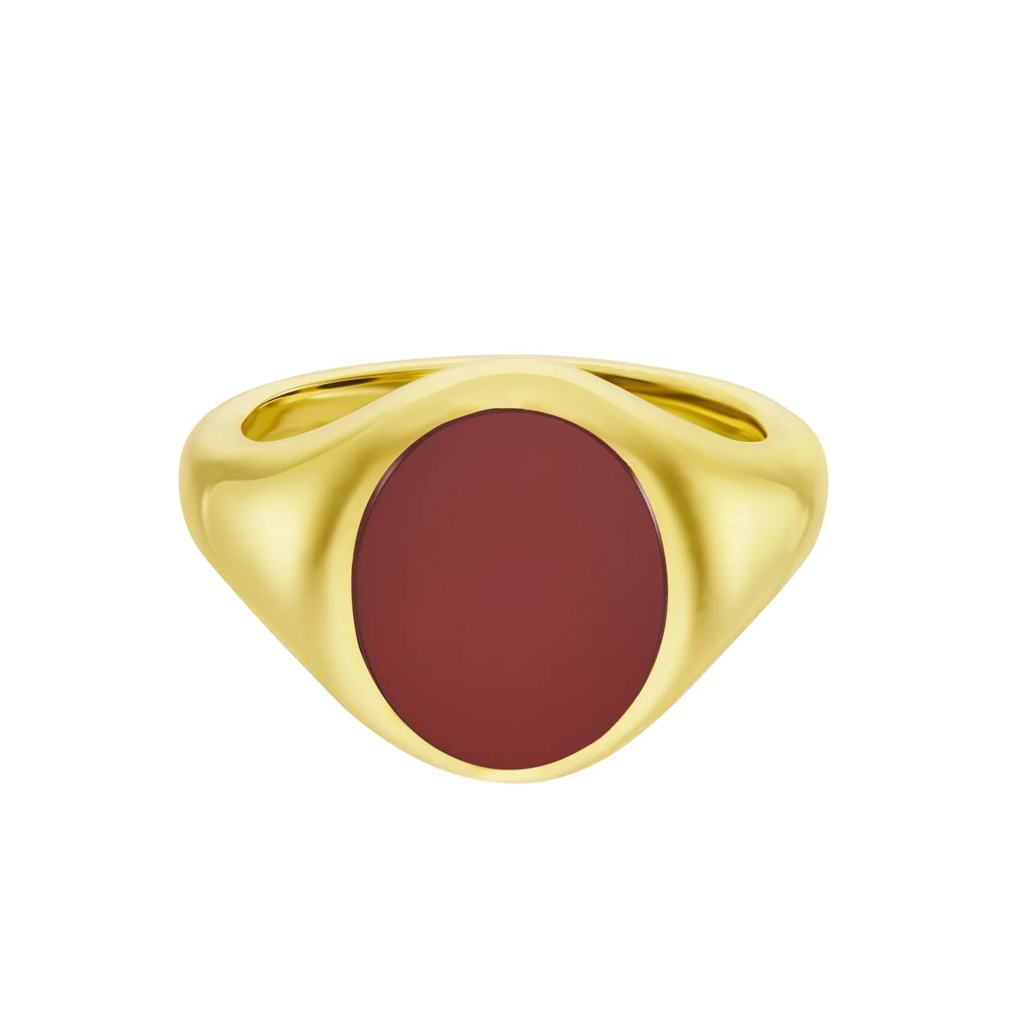 Deakin & Francis yellow gold cornelian signet ring, 12x10mm stone set oval design, handcrafted in Birmingham, at EB London