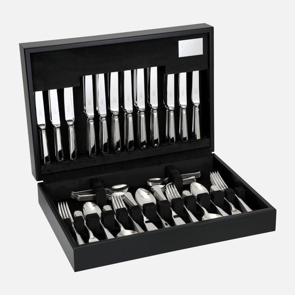 EB London Yorkshire Cutlery Canteen in black lacquer, open view showing velvet-lined compartments for up to 124 pieces of cutlery