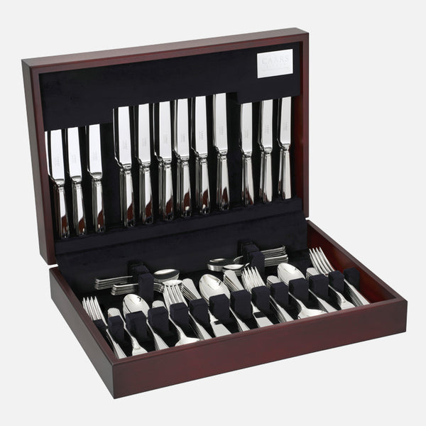 EB London Yorkshire Cutlery Canteen in natural mahogany, open view showing navy velvet-lined compartments for up to 124 pieces of cutlery”