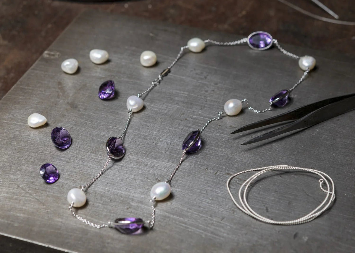 18ct White Gold Amethyst And Pearl 22" Necklace – Deakin & Francis - EB London