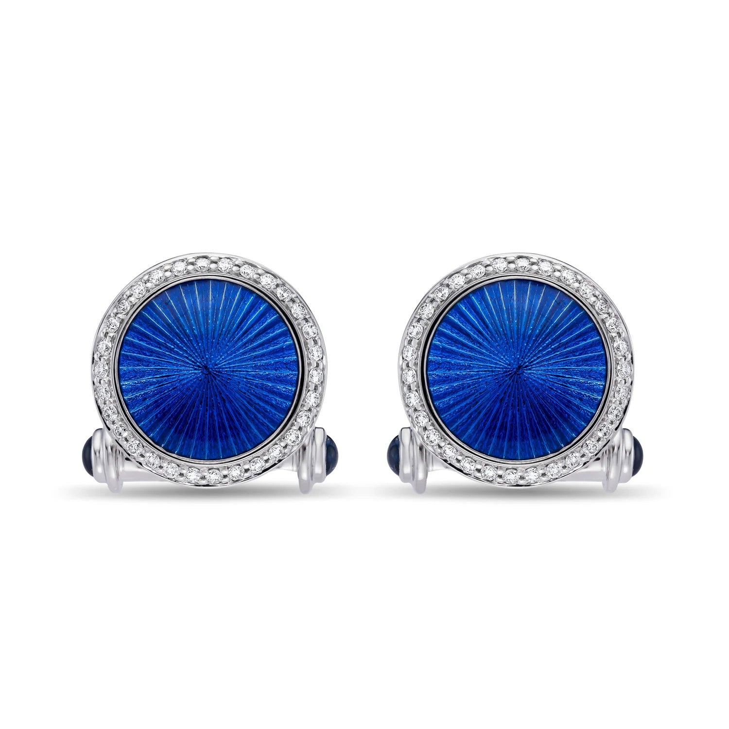 18ct White Gold Blue Enamel Cufflinks with Diamond Border and Sapphire Ends - Deakin & Francis