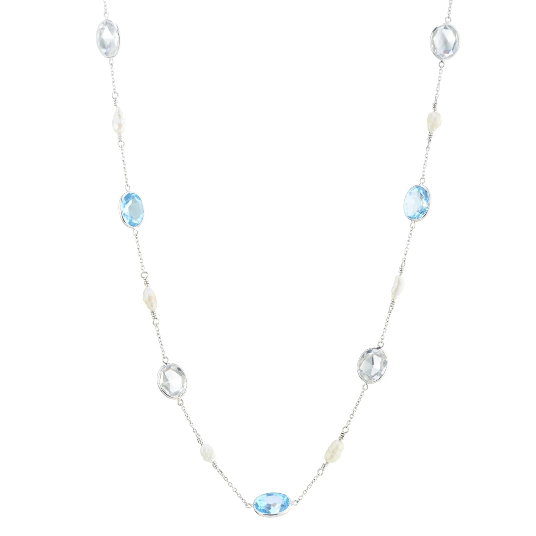 18ct White Gold Blue Topaz, Crystal And Pearl 24'' Necklace – Deakin & Francis - EB London