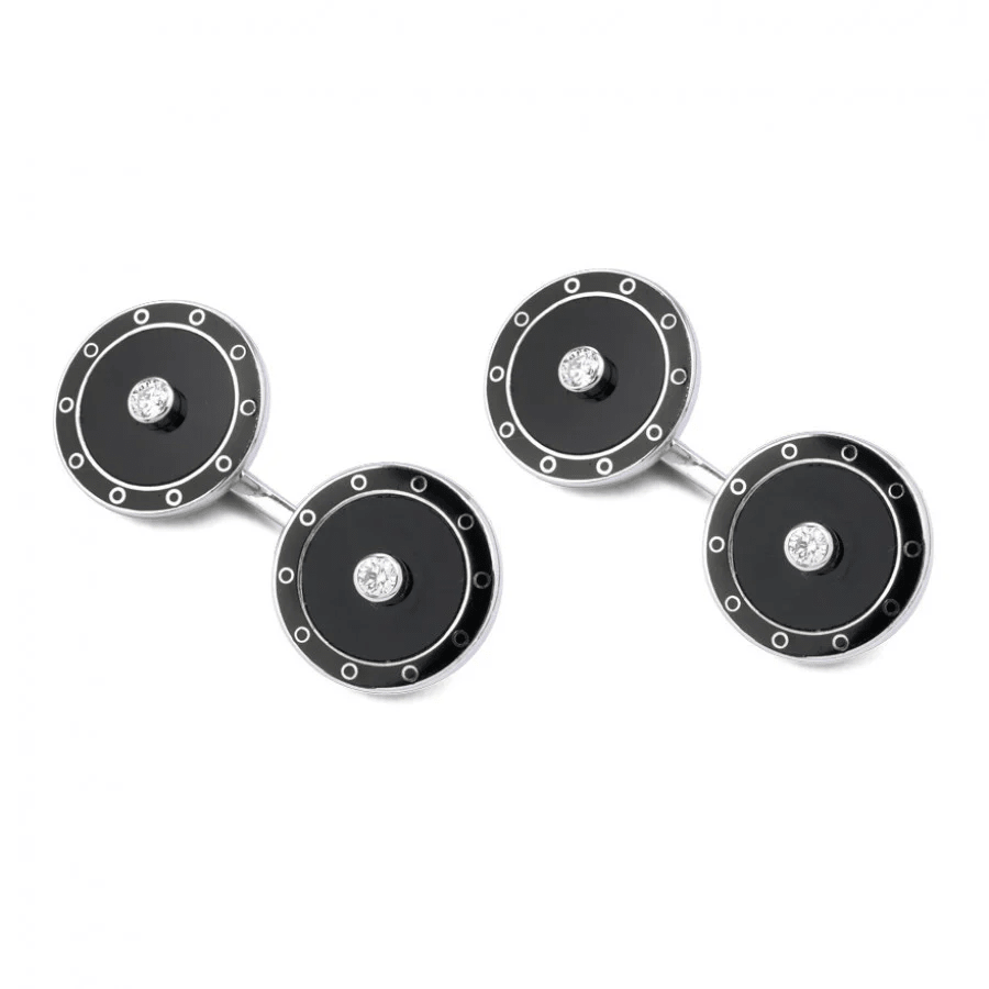 18ct White Gold Onyx Cufflinks with Diamond Centre - Deakin & Francis - EB London