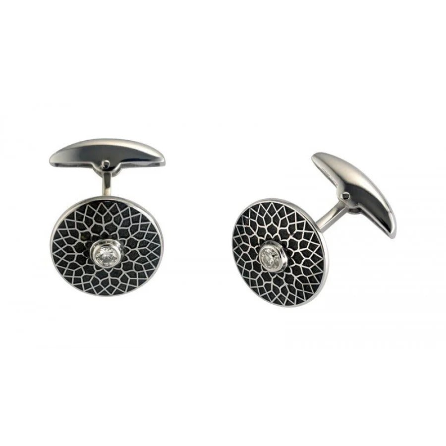 18ct White Gold Round Cufflinks with Black Pattern & Diamond Centre - Deakin & Francis - EB London