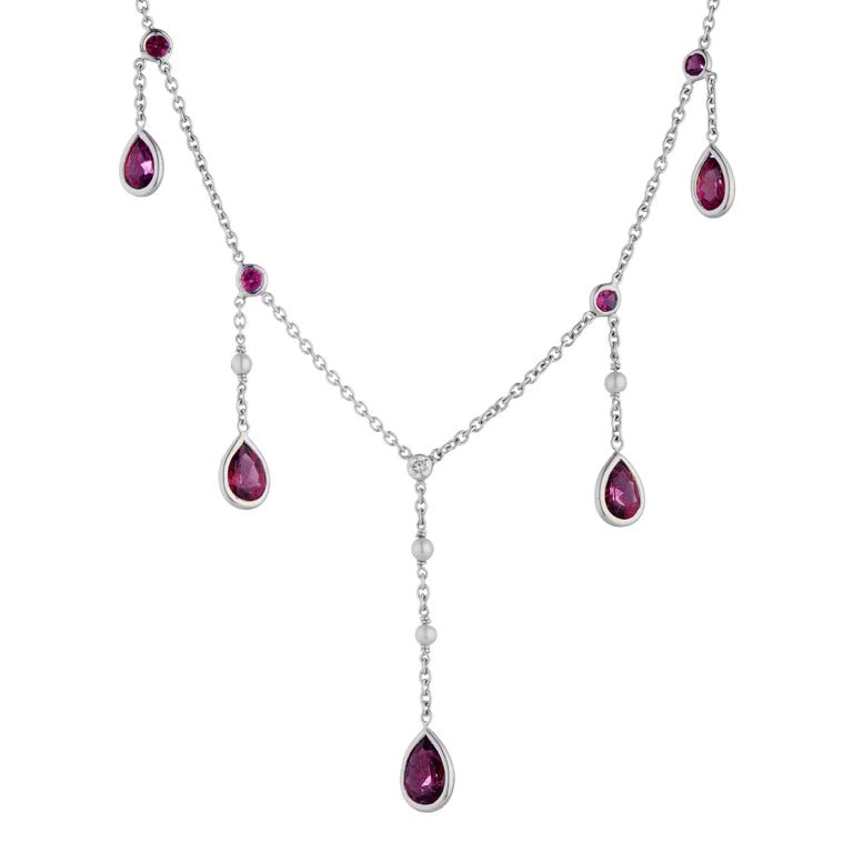 18ct White Gold Rubellite, Cultured Pearl and Diamond Drop Necklace – Deakin & Francis - EB London