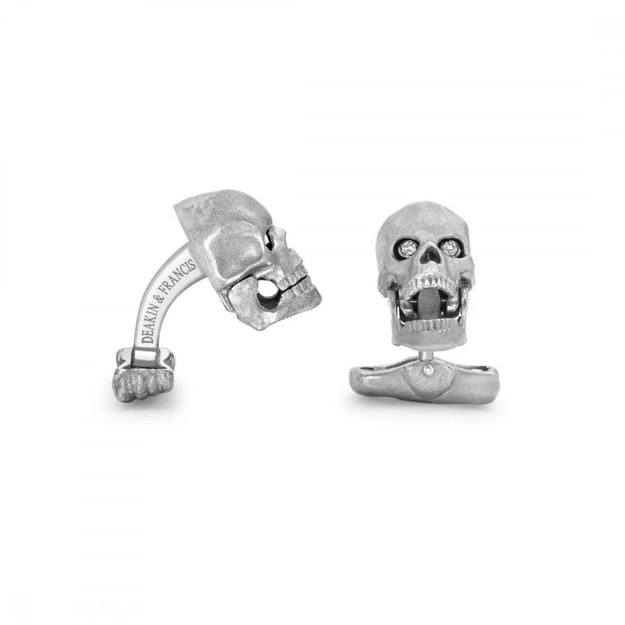 18ct White Gold Skull Cufflinks Featuring Diamond Eyes - Deakin &amp; Francis - EB London