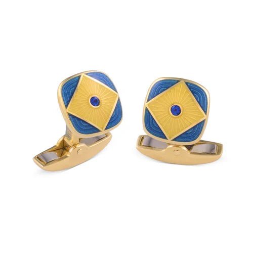 18ct Yellow Gold Blue and Clear Enamel Cufflinks with Sapphire Centre - Deakin & Francis - EB London