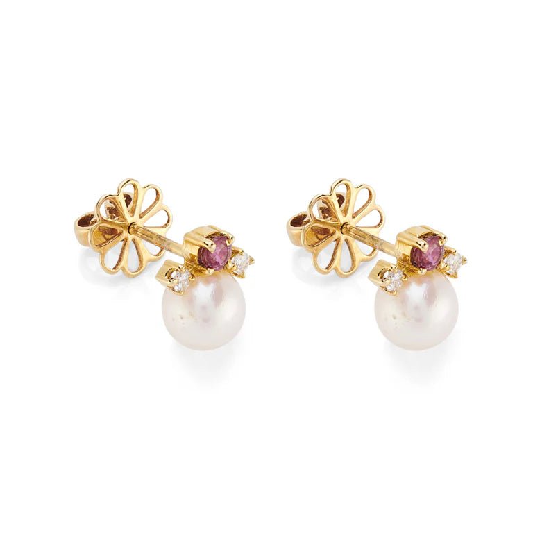 18ct Yellow Gold Cultured Pearl Ruby And Diamond Earrings – Deakin & Francis - EB London
