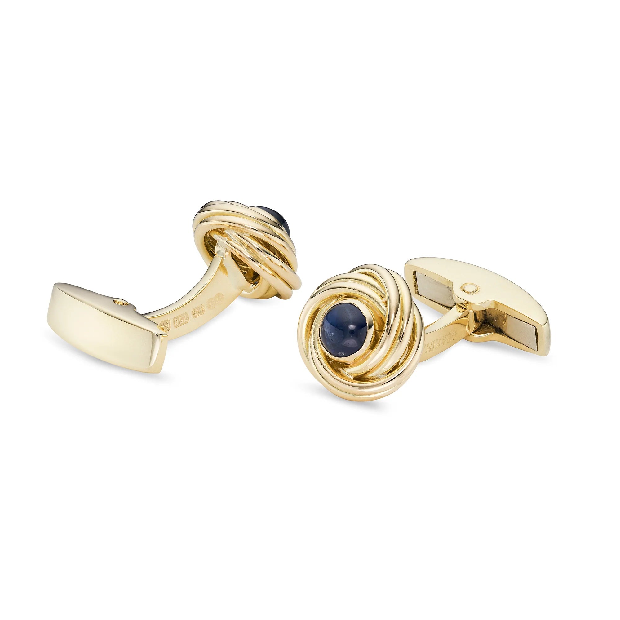 18ct Yellow Gold Knot Cufflinks with Sapphire Cabochon Centre - Deakin & Francis - EB London