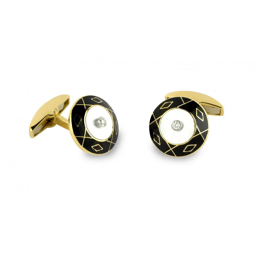 18ct Yellow Gold Mother of Pearl, Enamel and Diamond Round Dress Set – Deakin & Francis - EB London