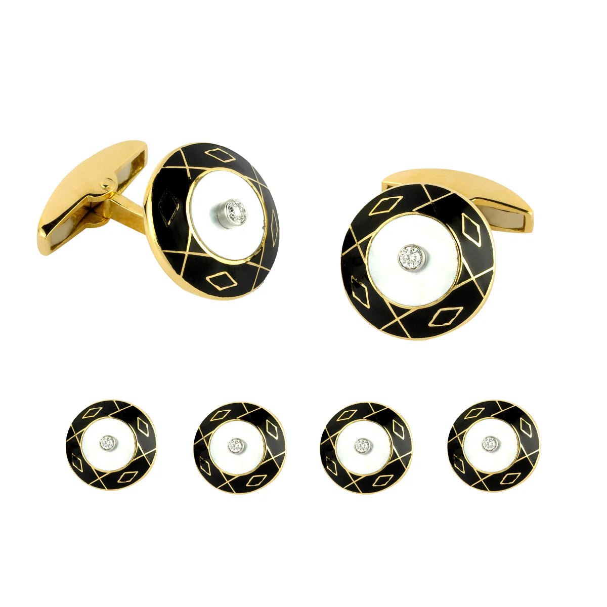 18ct Yellow Gold Mother of Pearl, Enamel and Diamond Round Dress Set – Deakin & Francis - EB London