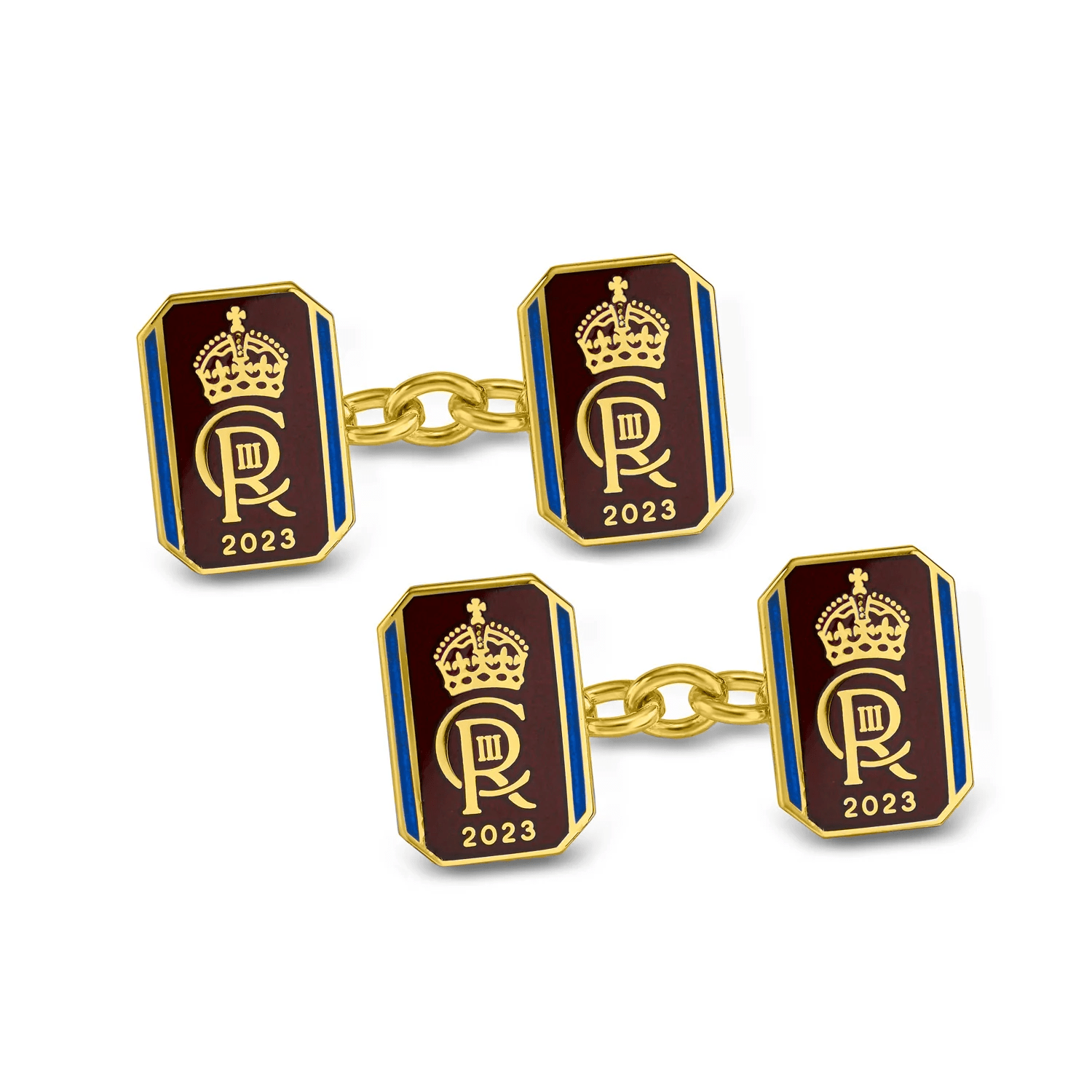 18ct Yellow Gold Oblong Chain Link Coronation Cufflinks - Red - Deakin & Francis - EB London