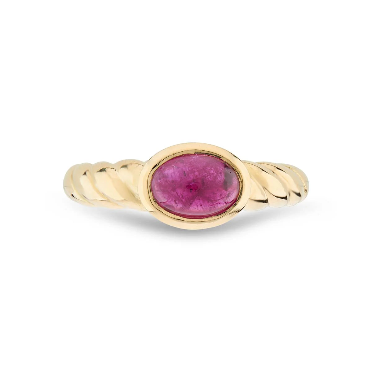 18ct yellow gold ring with cabochon ruby and twist detail shoulders by Deakin & Francis at EB London