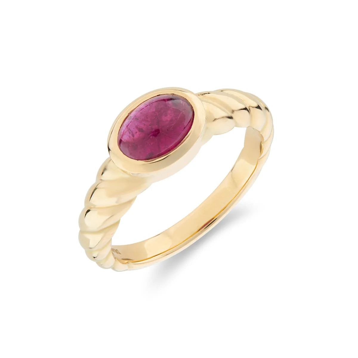 yellow gold ring with cabochon ruby and twist detail shoulders by Deakin & Francis at EB London
