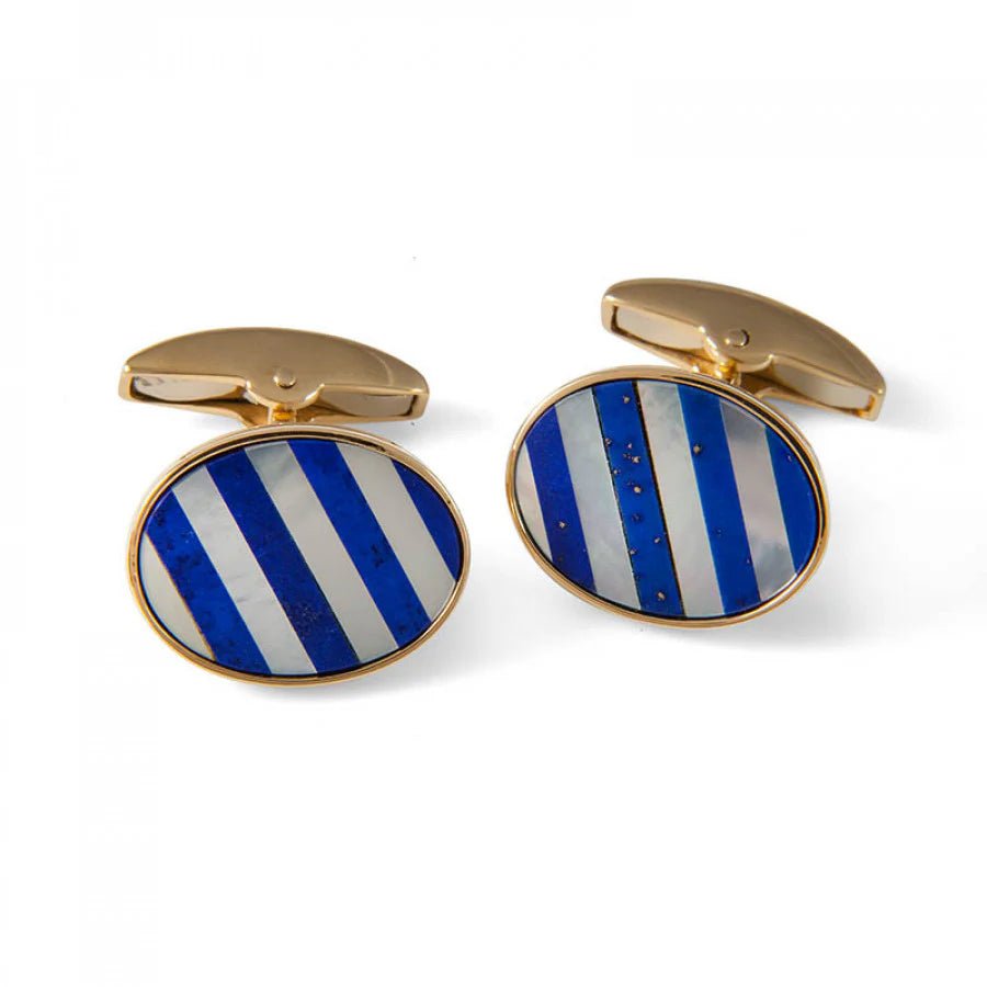 18ct Yellow Gold Striped Cufflinks with Mother - of - Pearl & Lapis Lazuli - Deakin & Francis - EB London