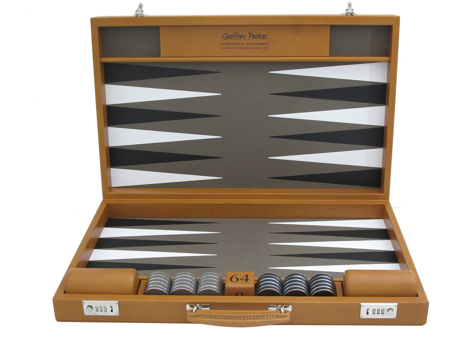 Handcrafted Bridle Hide Backgammon Set by Geoffrey Parker with bridle hide exterior and calf leather interior, including organised storage for checkers and dice.