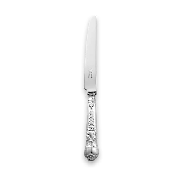EB London Coburg table knife by Carrs Silver, hallmarked sterling silver with embossed scrollwork, 245mm