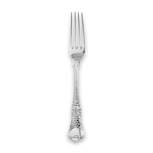 Carrs Silver Coburg table fork in sterling silver, ornate handle with classical scrollwork, UK hallmarked, 208mm