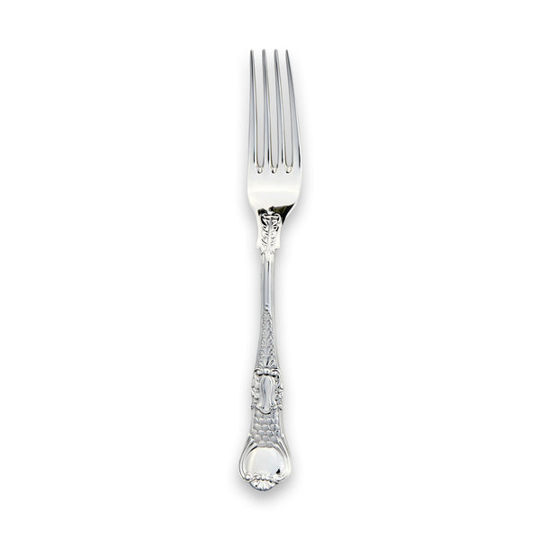 EB London Coburg dessert fork, polished sterling silver with Baroque-style embossed design, hallmarked