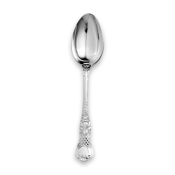 EB London Coburg dessert spoon by Carrs Silver, hallmarked sterling silver with embossed scrollwork, 182mm