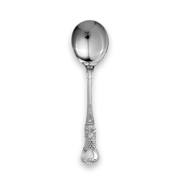 EB London Coburg soup spoon, polished sterling silver with classic scrollwork handle, hallmarked