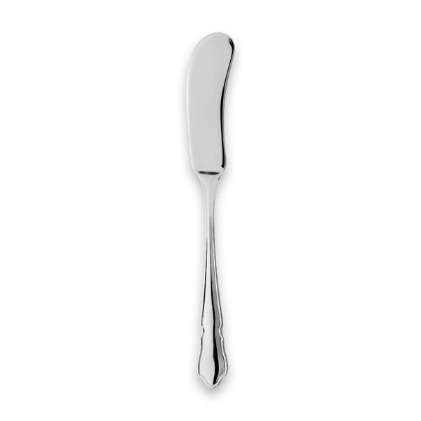 Carrs Silver Dubarry butter spreader in sterling silver, polished finish, Rococo-inspired handle with scrollwork and shell motifs, hallmarked, 150mm