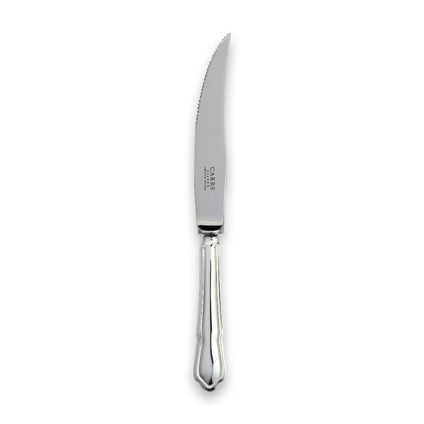 Carrs Silver Dubarry sterling silver steak knife with Rococo scrollwork and shell motifs, hallmarked, 220mm