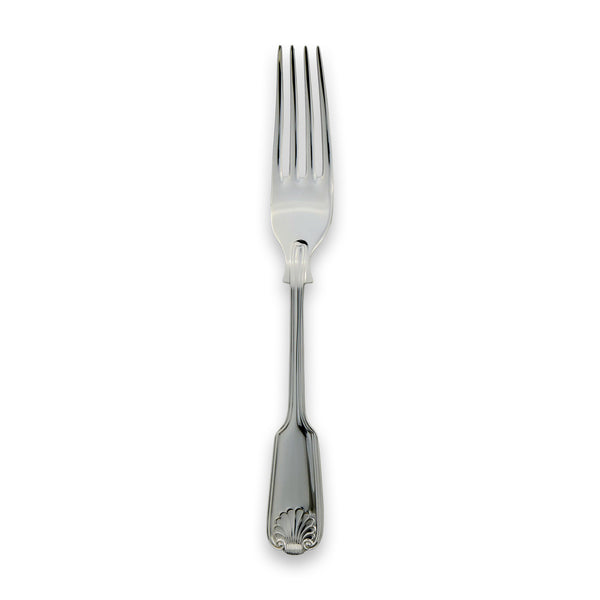 Sterling silver dessert fork from EB London Fiddle Thread & Shell collection, hallmarked, polished finish