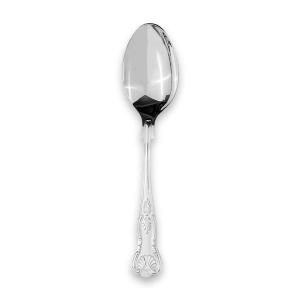 Carrs Silver Kings dessert spoon in sterling silver with Rococo shell and foliate scroll detailing, hallmarked, 203mm