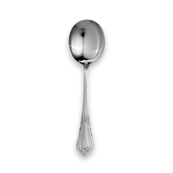 EB London sterling silver soup spoon with lily-inspired handle, hallmarked, 174mm
