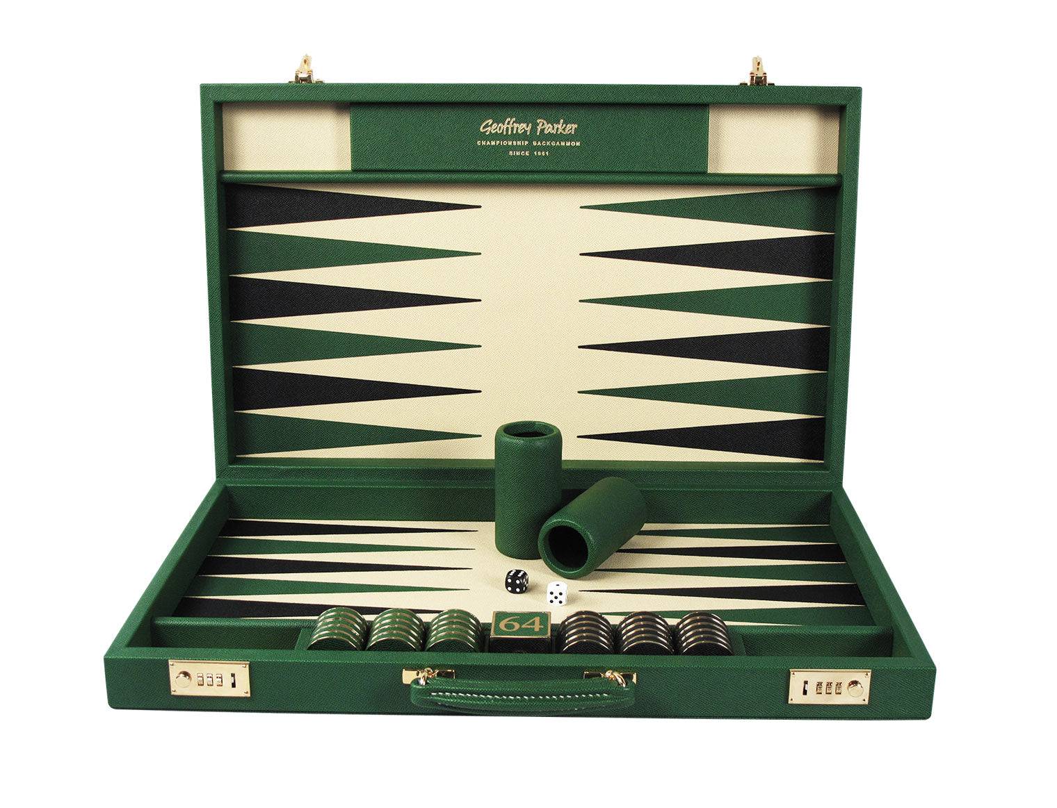 Conifer green tournament backgammon set with magnolia playing surface, leather and metal stones, and luxury dice cups handcrafted in England by Geoffrey Parker.