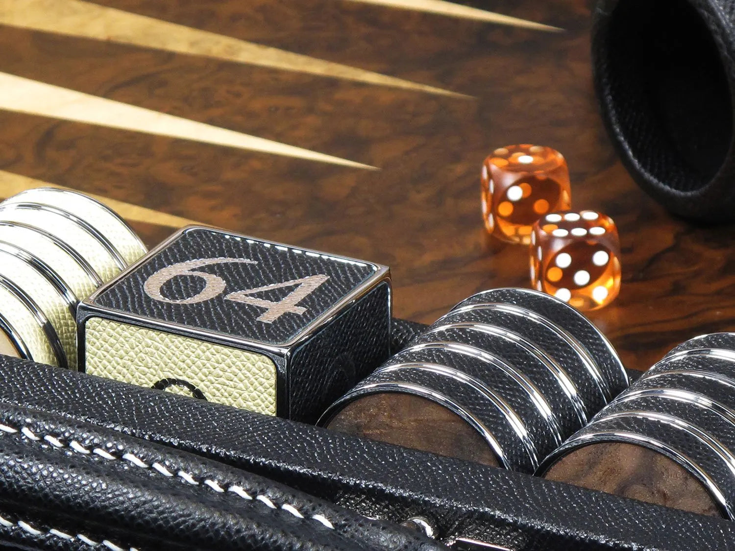 Handcrafted Bridle Hide Luxury Backgammon Set with vegetable-tanned leather exterior and Dauphin calf leather playing surface by Geoffrey Parker.