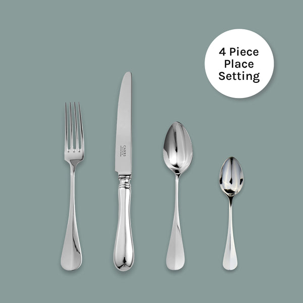 EB London Baguette 4-piece cutlery set by Carrs Silver in hallmarked sterling silver, tapered ridge handle design