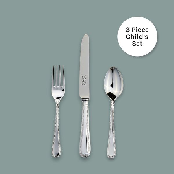 EB London Bead Children’s Cutlery Set in sterling silver or silver plated, knife, fork and spoon, hallmarked, 188mm x 136mm x 140mm