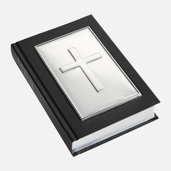 Carrs Silver King James Holy Bible with black leather-effect cover and hallmarked sterling silver cross front, 10.1 × 14.5 × 2.8 cm, curated by EB London