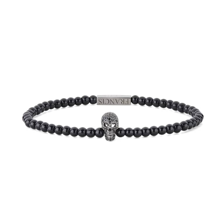 Onyx bead stretch bracelet with sterling silver black spinel skull by Deakin & Francis at EB London
