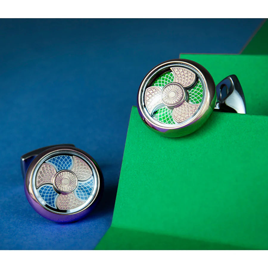 Blue and green cufflinks with rotating colour mechanism by Deakin & Francis at EB London