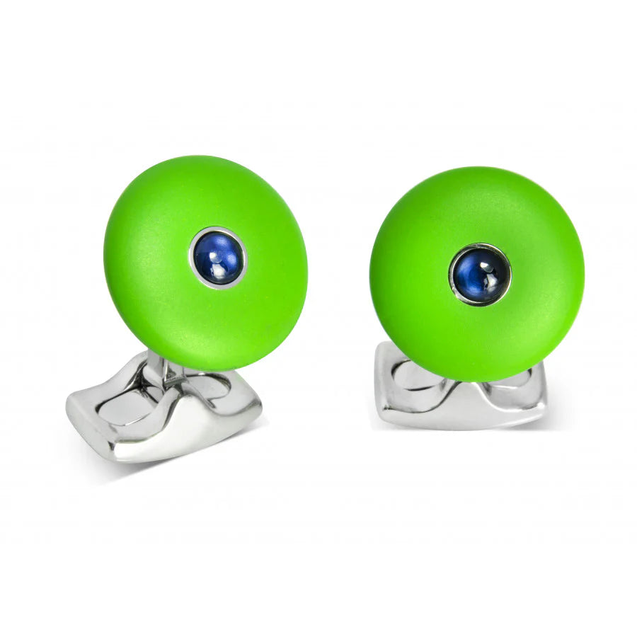 Lime green round cufflinks with sapphire centre and cold cure enamel by Deakin & Francis at EB London