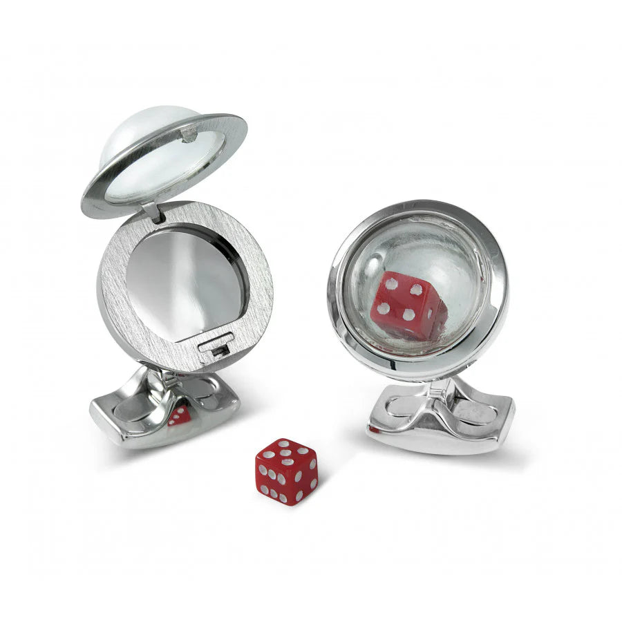 Bubble locket cufflinks with domed enclosure and miniature red dice by Deakin & Francis at EB London