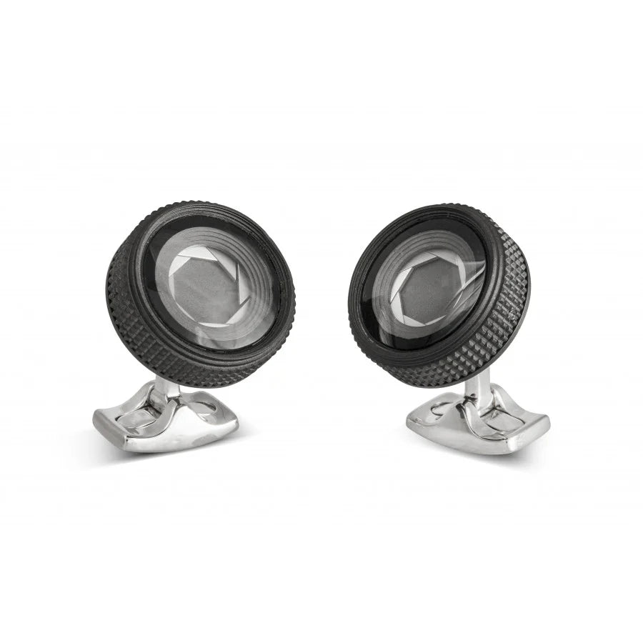 Round camera lens cufflinks with black outer rim and working aperture by Deakin & Francis at EB London