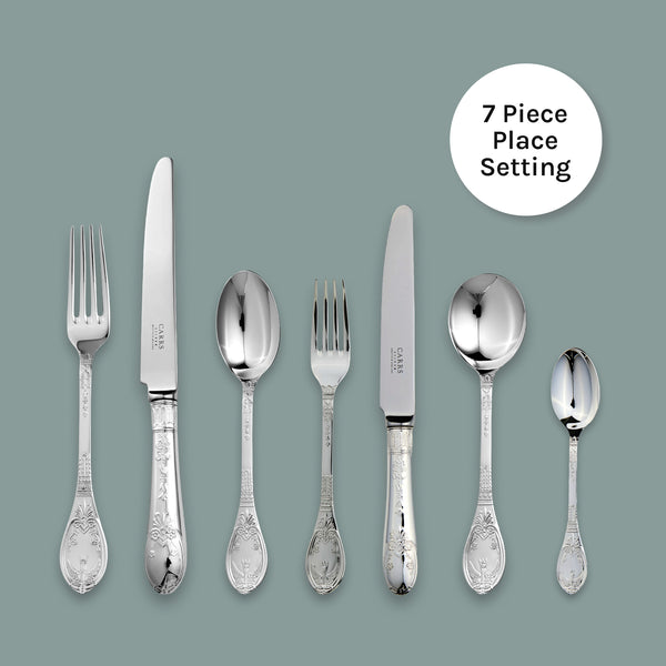 EB London Château 7-piece cutlery set in hallmarked sterling silver with ornate scrollwork and floral motifs, polished finish