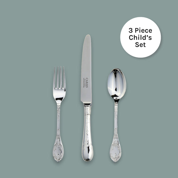 EB London Château Children’s Cutlery Set in sterling silver, knife, fork and spoon, hallmarked, 188mm/136mm/140mm