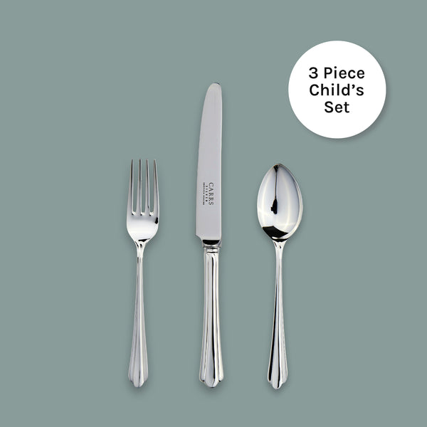 EB London by Carrs Silver Chiltern Children’s Cutlery Set, sterling silver or silver plated, knife, fork and spoon, hallmarked, polished finish, 188mm / 136mm / 140mm
